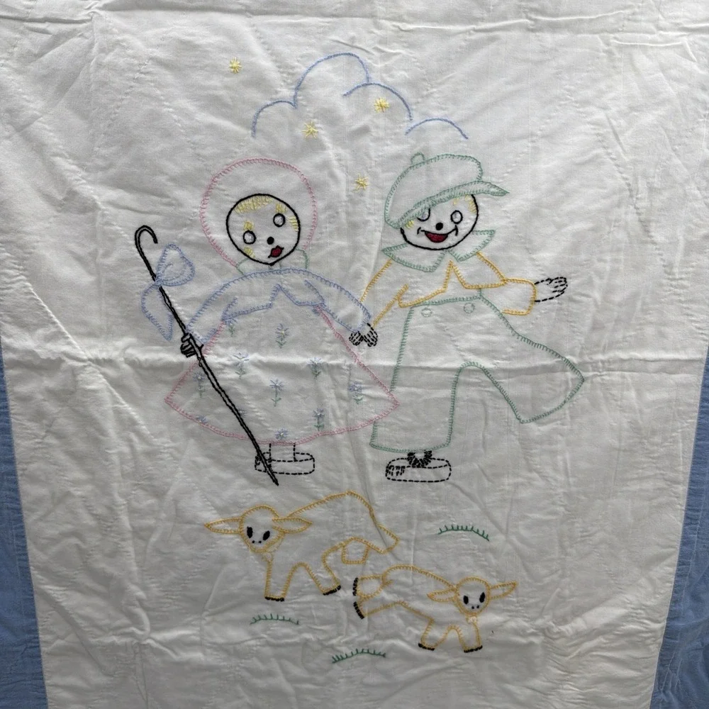 VTG Hand-Stitched Child Blanket Blue Boy Girl Sheep Floral 38x48